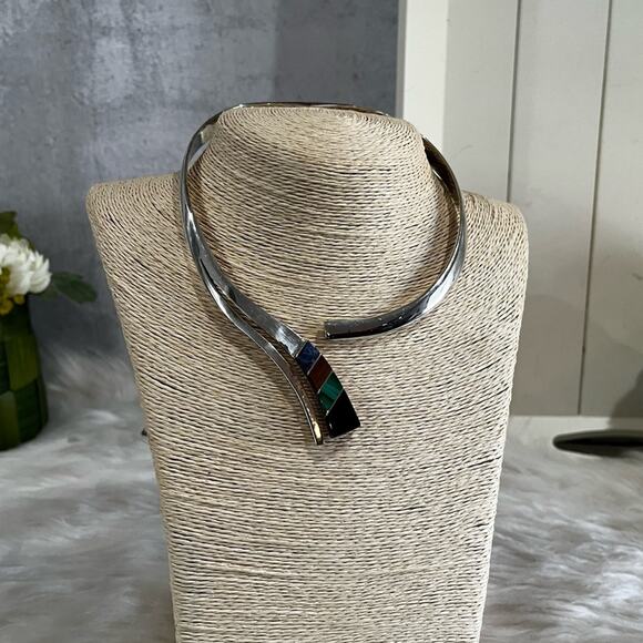 NEW TAXCO Mexico Vintage 925 Sterling Multi Stone Inlay Collar Necklace Bracelet - Picture 10 of 14